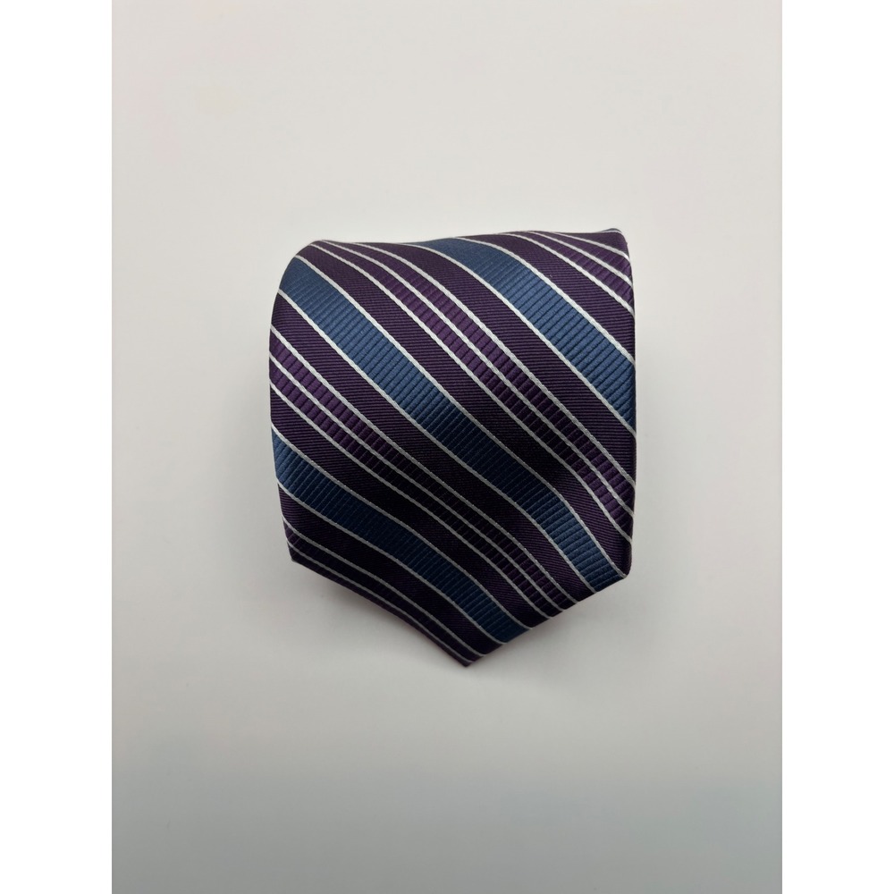 George Mens Silk Necktie Purple Blue White Diagonal Striped Handmade RN 51093